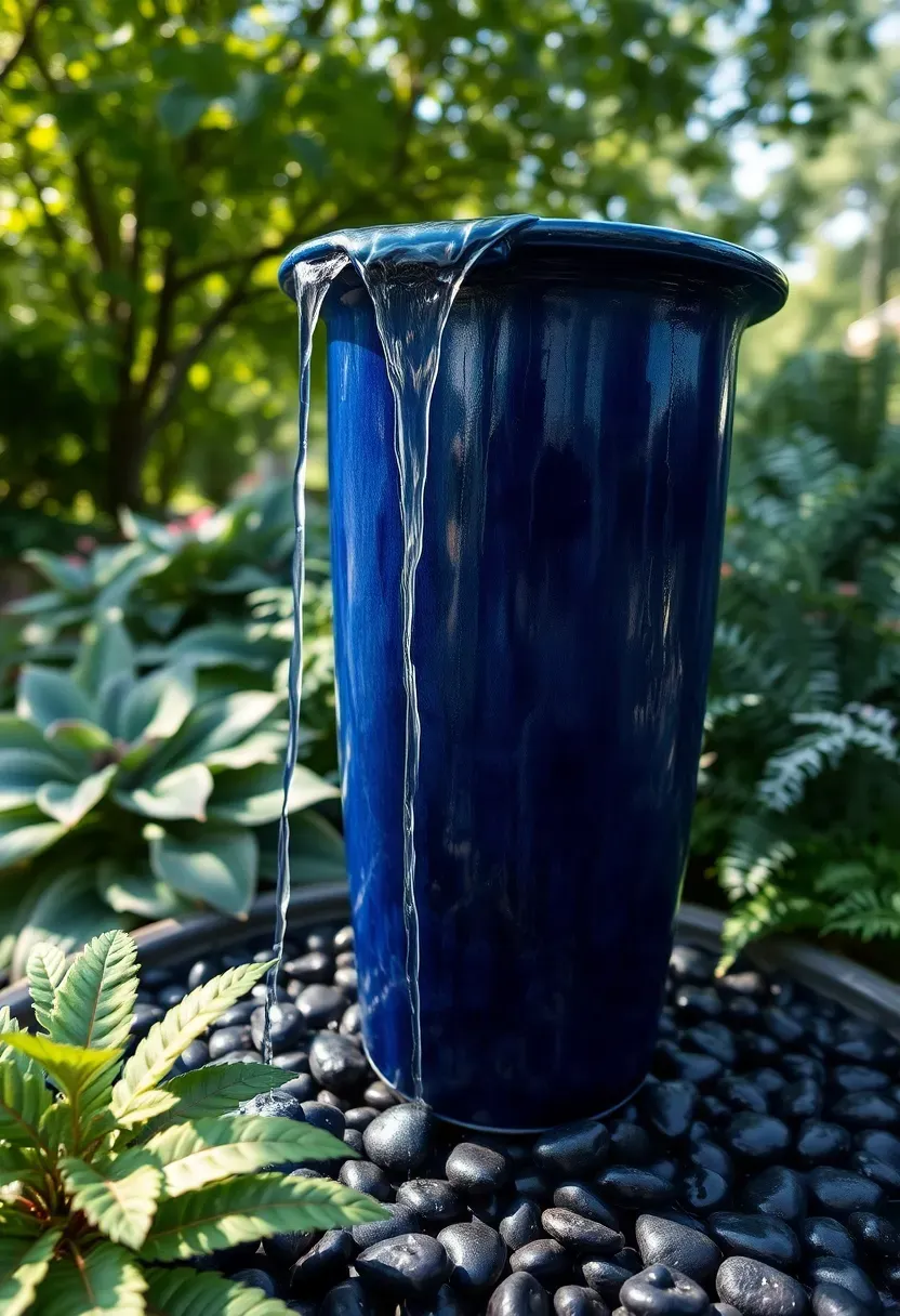 Tall glazed ceramic urn in deep blue overflowing with water into a pebble-filled basin in a garden bed with hostas