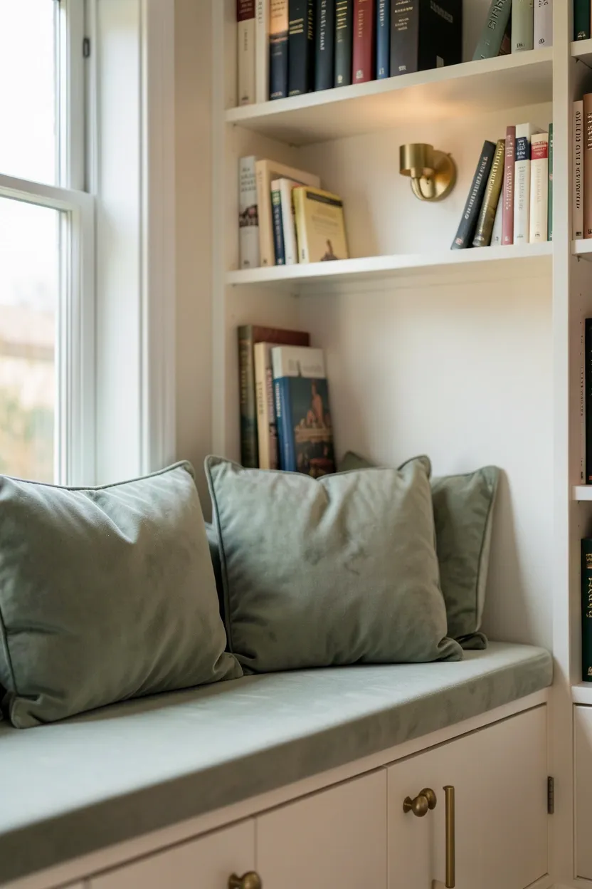 Cozy farmhouse kitchen reading nook with white built-in bench, cotton cushions, and cookbook shelves beside a sunny window