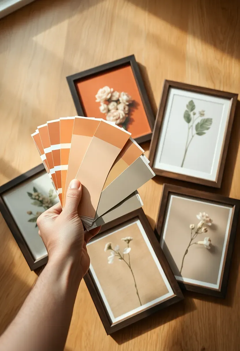 Hand holding a color swatch fan beside framed art prints laid on a warm oak surface — selecting a cohesive palette of warm ivory, terracotta, and dusty sage for a wall display