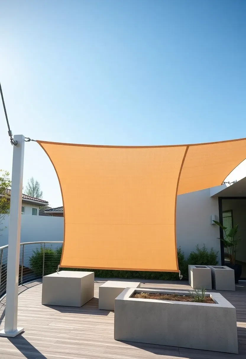 Tensioned stainless steel cables supporting horizontal fabric shade panels over a modern backyard deck with minimalist furniture