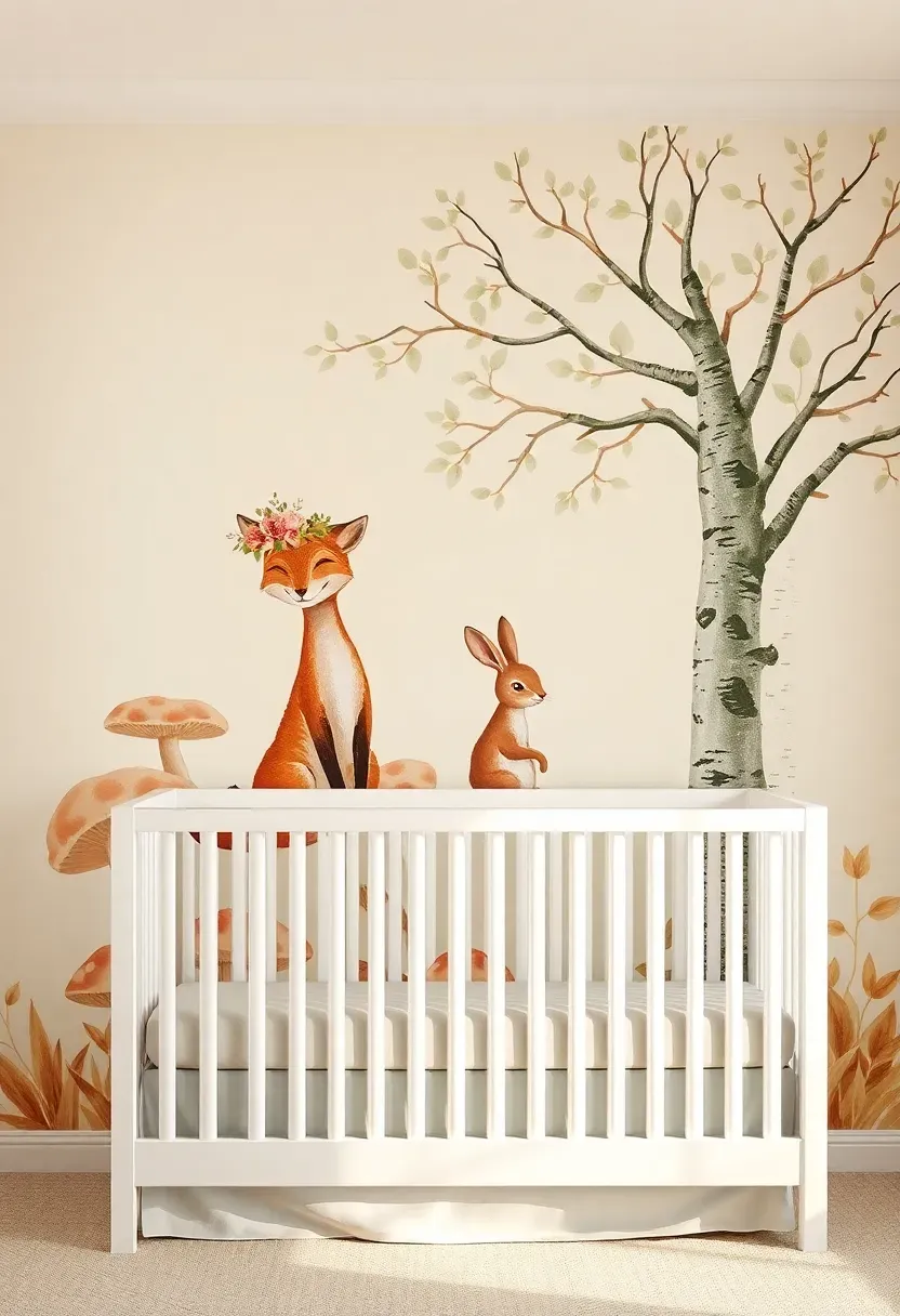 woodland animals mural on nursery wall with fox, bunny, and deer in soft earth tones
