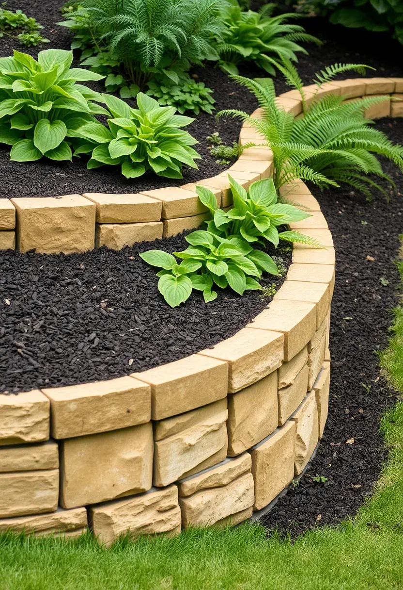 A curved dry-stack stone retaining wall made of tan limestone blocks holding back a sloped garden bed with hostas and ferns growing along the base