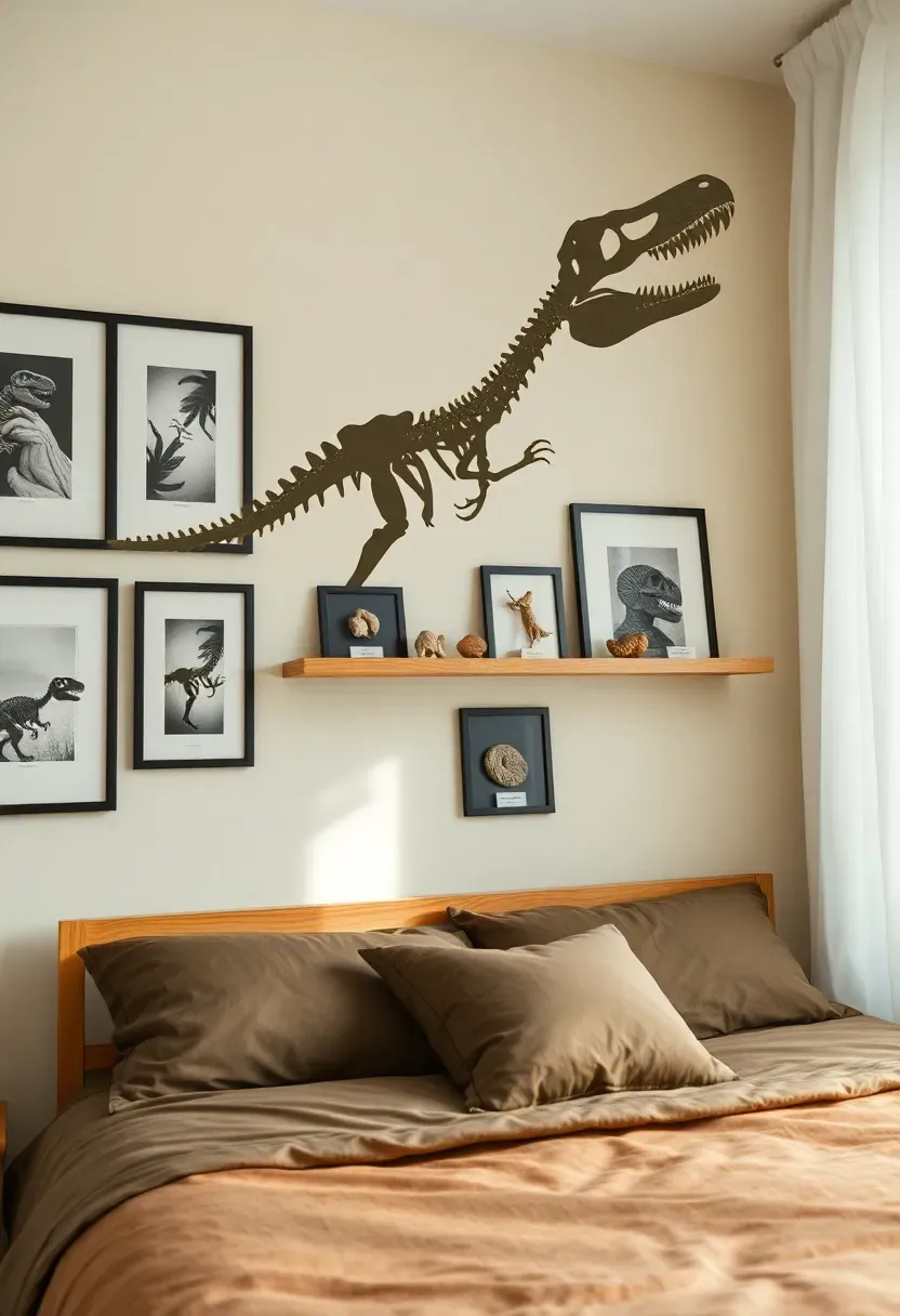Dinosaur-themed boy bedroom with large wall decals of T-Rex and triceratops, earthy green bedding, and fossil display shelf