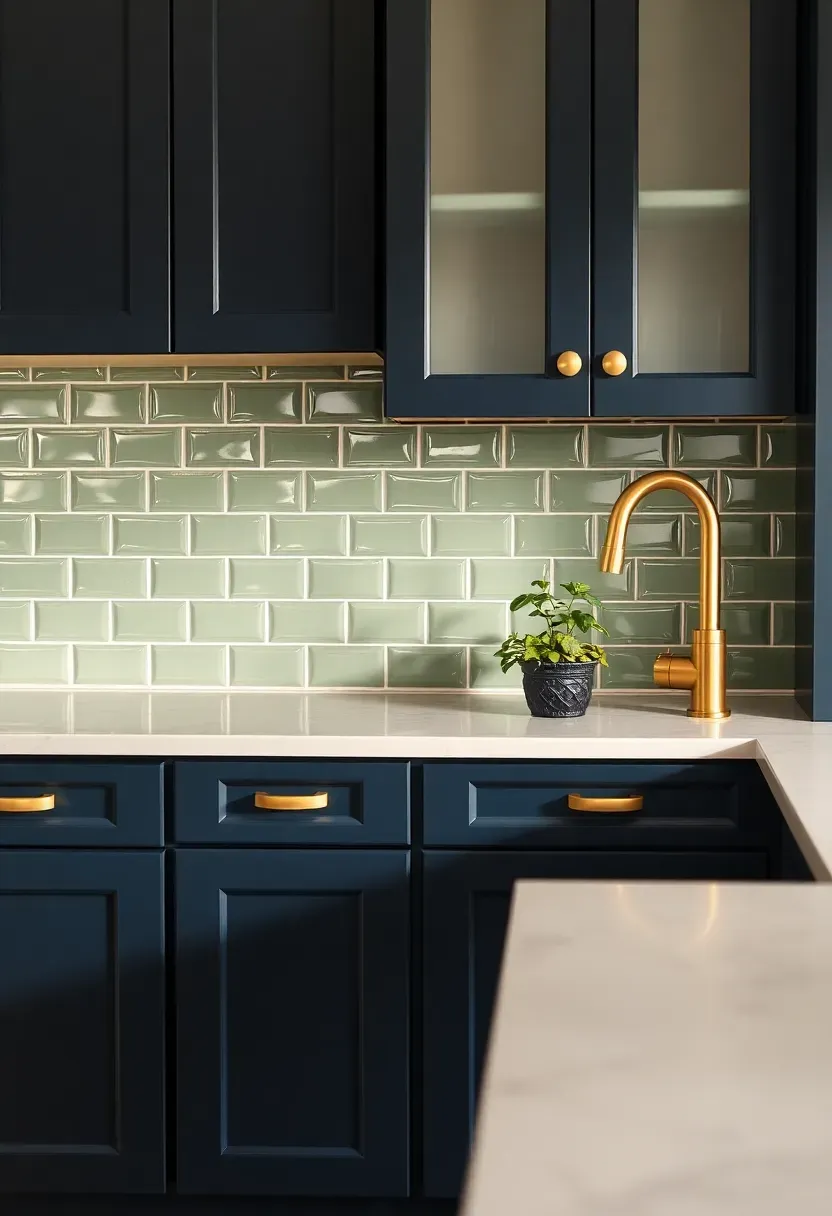 sage green ceramic field tile backsplash in kitchen with dark navy cabinets and creamy white quartz countertops with gold hardware