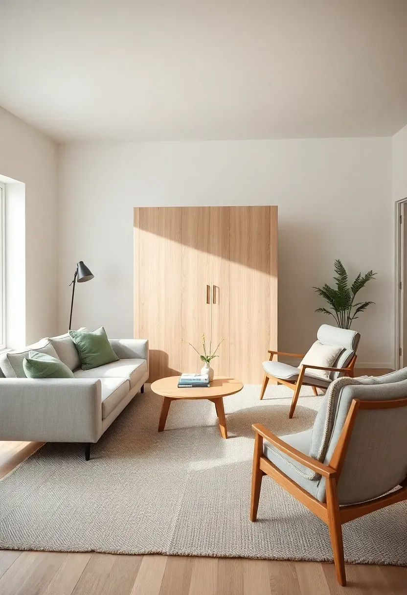 Compact apartment zoning with divider and rug