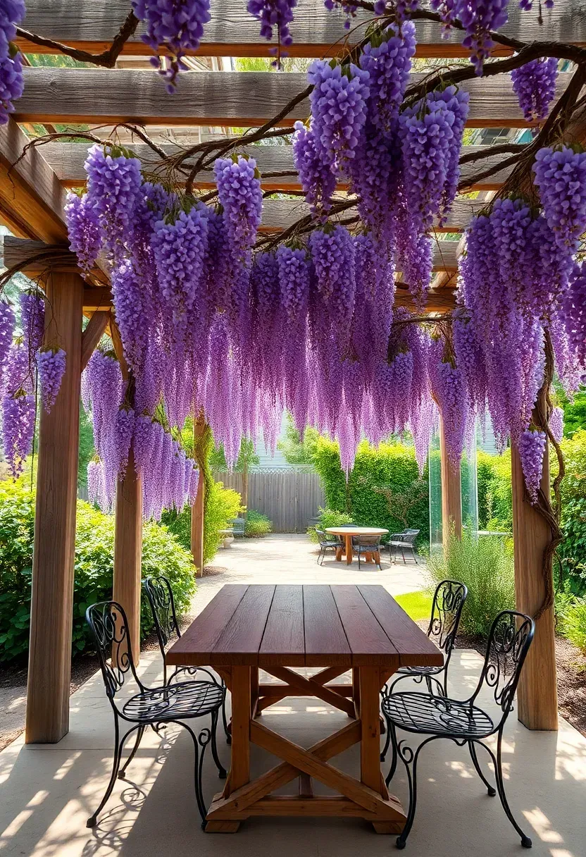 Wooden pergola covered with mature wisteria vines creating a shaded outdoor room with a dining table beneath in a backyard garden setting