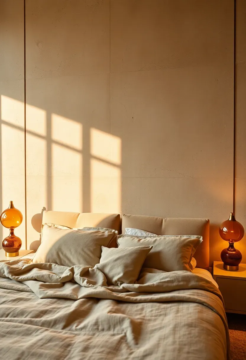 Luxurious bedroom with a Venetian plaster textured accent wall in warm sandy beige showing organic surface variations and soft ambient lighting