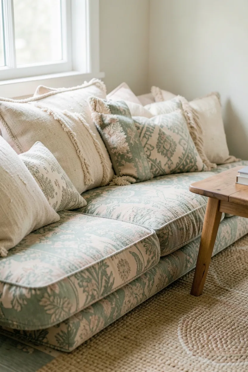 Cozy floor cushion seating nook with eclectic patterned poufs and throws in a boho rental bedroom corner