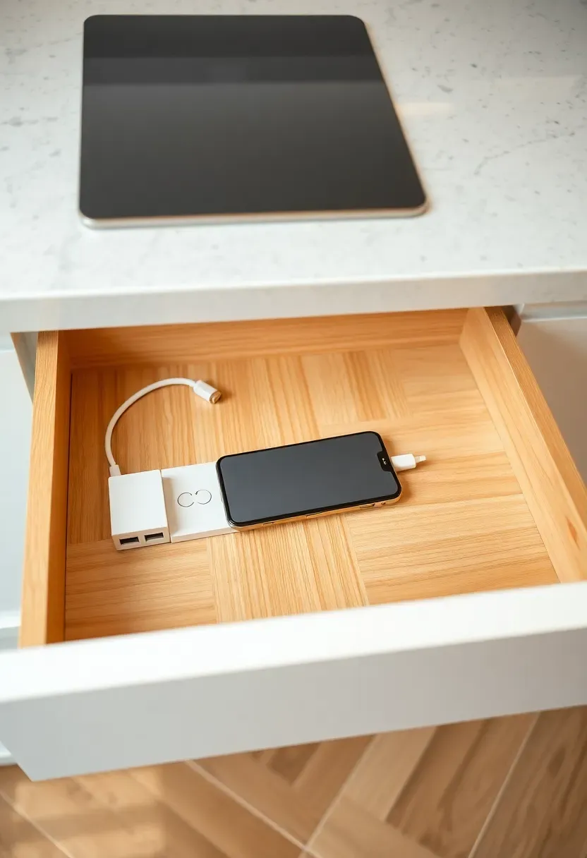 Open kitchen drawer with built-in charging station showing wireless charging pad, USB ports, and organized cable compartments inside a white cabinet