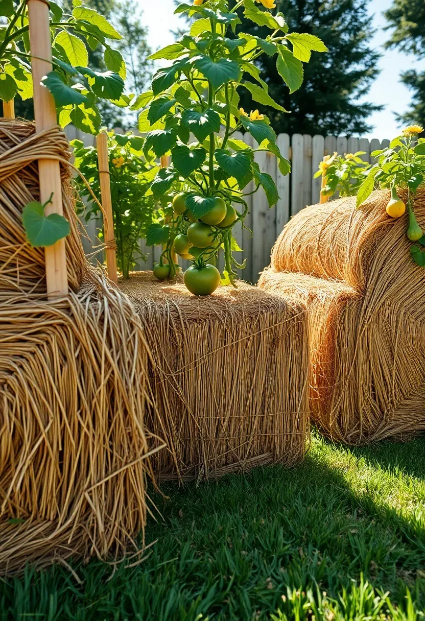 Rows of straw bales arranged in a sunny backyard with tomato and squash plants growing directly out of the bales
