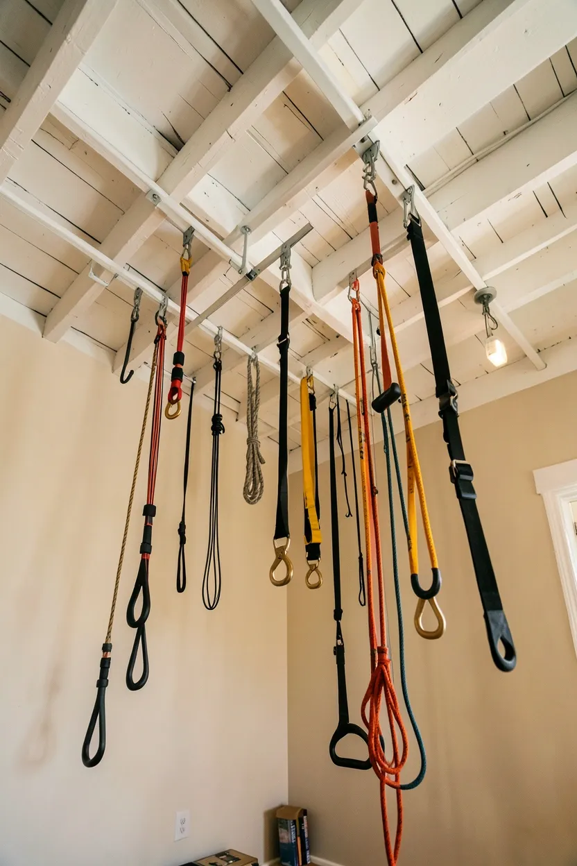 Ceiling-mounted overhead storage system with pulley hooks holding resistance bands and jump ropes — space-saving home gym storage for renters with low ceilings