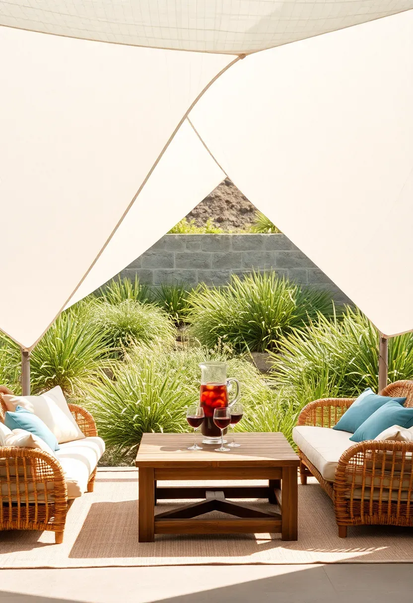 Relaxed outdoor bar lounge under sailcloth shade canopies, cushioned seating, low bar table, cocktail pitchers, breezy coastal backyard with ocean tones