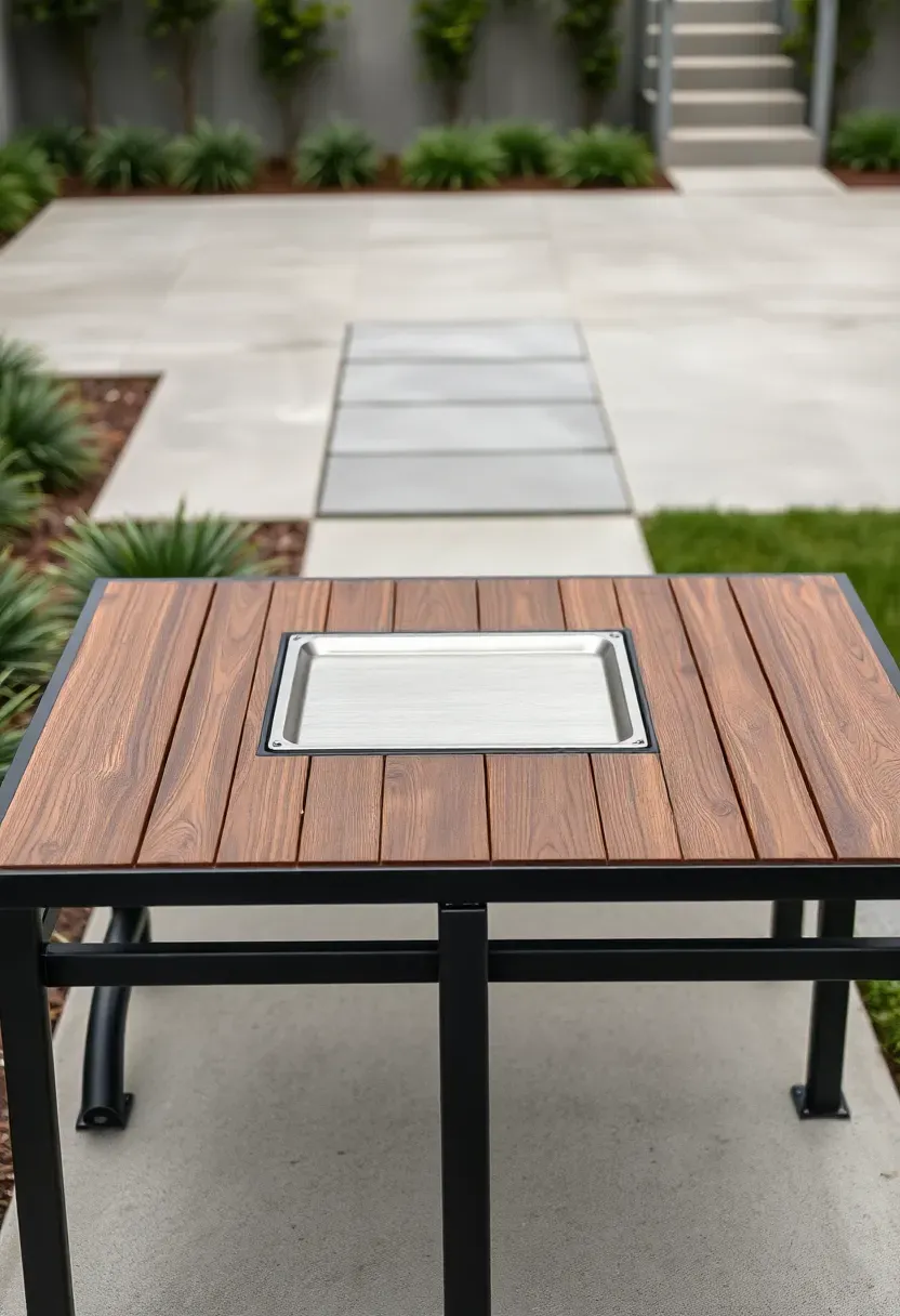 Minimalist black powder-coated steel frame grill table with slatted wood top, built-in grill opening, clean lines, and modern backyard landscaping behind