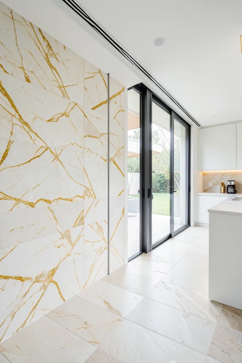 Large format 24x24 quartzite floor tiles with dramatic organic veining creating seamless natural stone surfaces in a modern rental kitchen