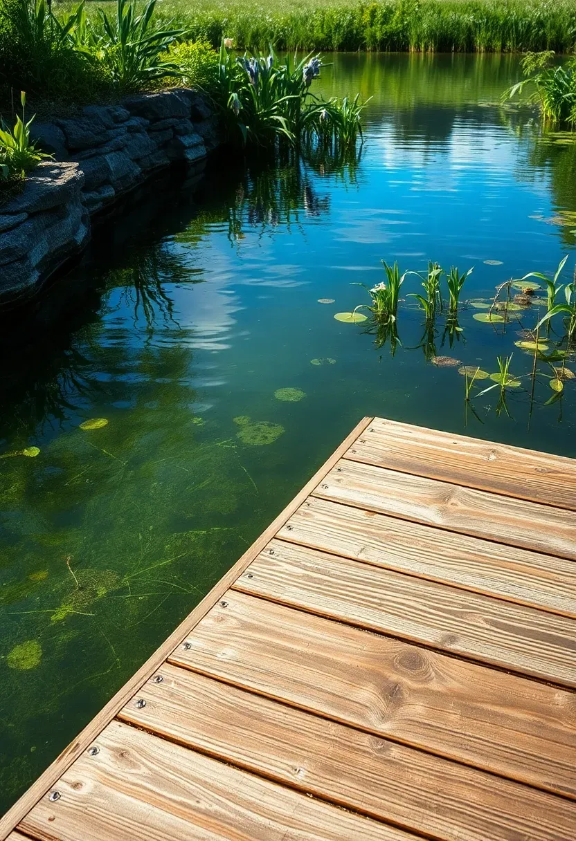 Natural swimming pond with a clear swim zone separated from a planted regeneration area by a submerged wall, wooden dock visible