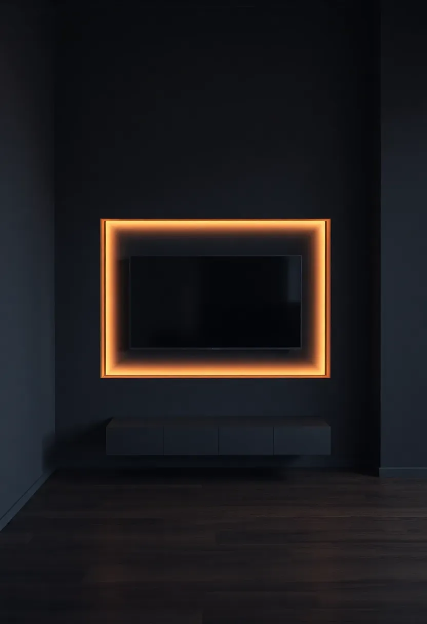 Sleek dark living room with a recessed wall niche behind the TV featuring hidden LED strip lighting casting a warm amber glow