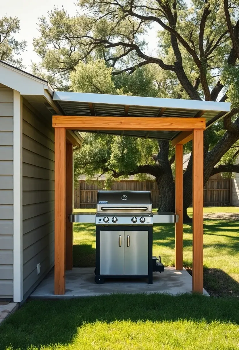 Shed-roofed wooden lean-to structure attached to a garage wall, sheltering a gas grill with a concrete floor pad and open front facing the backyard