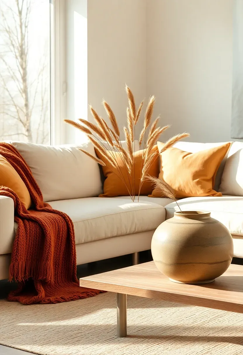 Hyper-realistic 3/4 view of minimalist Japandi living room in autumn season: cream sofa with rust-colored wool throw draped over arm, cushion covers changed to warm tan tones, dried wheat and pampas grass in ceramic vase on coffee table, soft warm afternoon light. Materials: cream linen upholstery, rust wool knit throw, tan cushions, dried grasses texture, matte ceramic vase, light oak wood. Warm golden autumn light with longer shadows. Seasonal cozy mood. Sharp focus on seasonal accents, medium composition, visible room context with window showing bare trees. No text, no logos, no watermarks.</p>