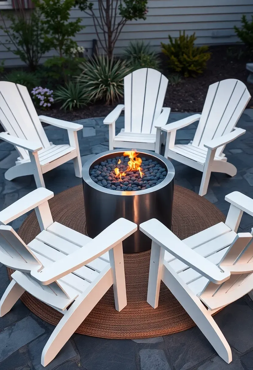 Four painted Adirondack chairs arranged around a modern gas fire bowl on a bluestone patio