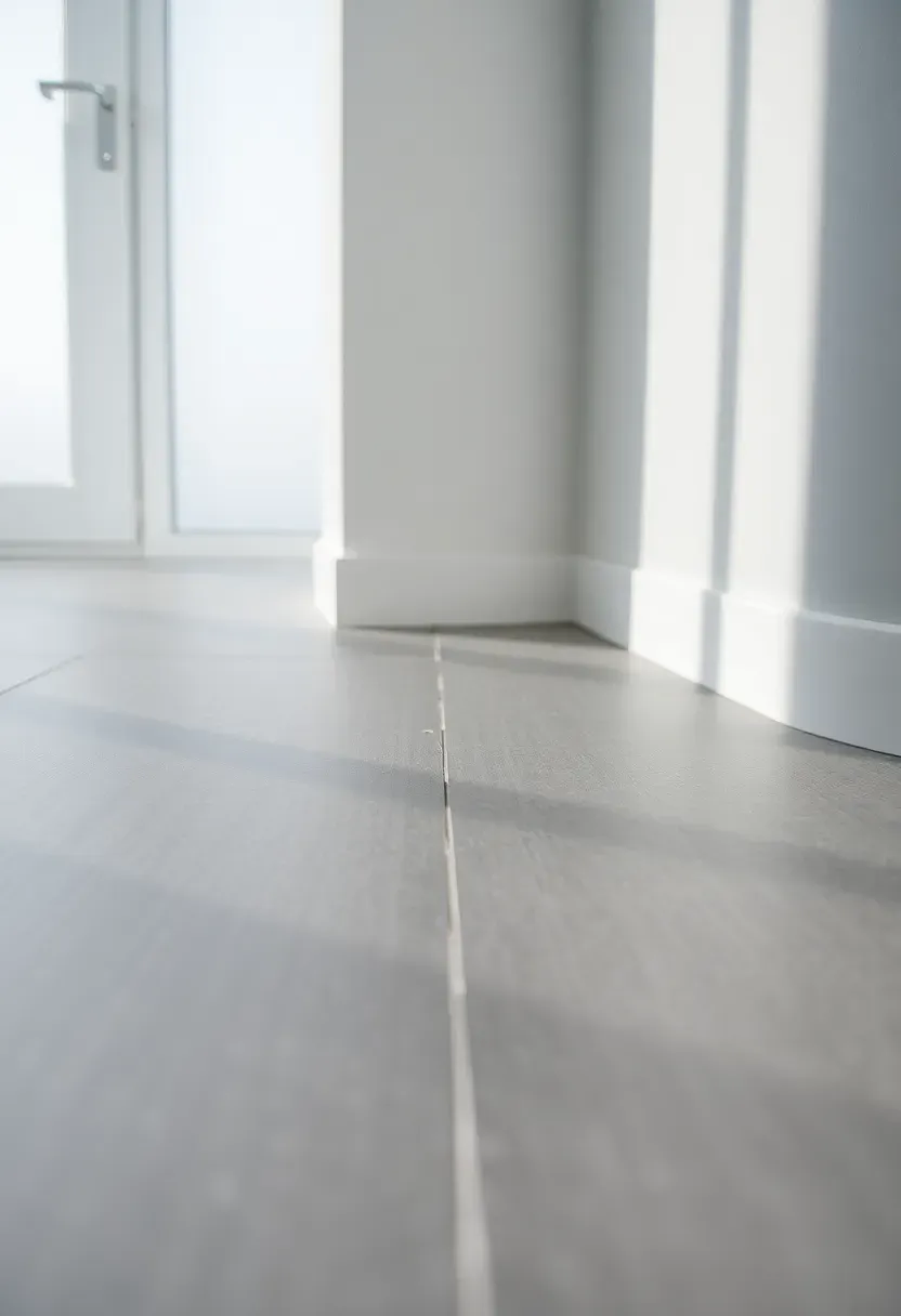 Large format porcelain tile baseboard in a matte gray finish running along a bathroom wall below white painted drywall