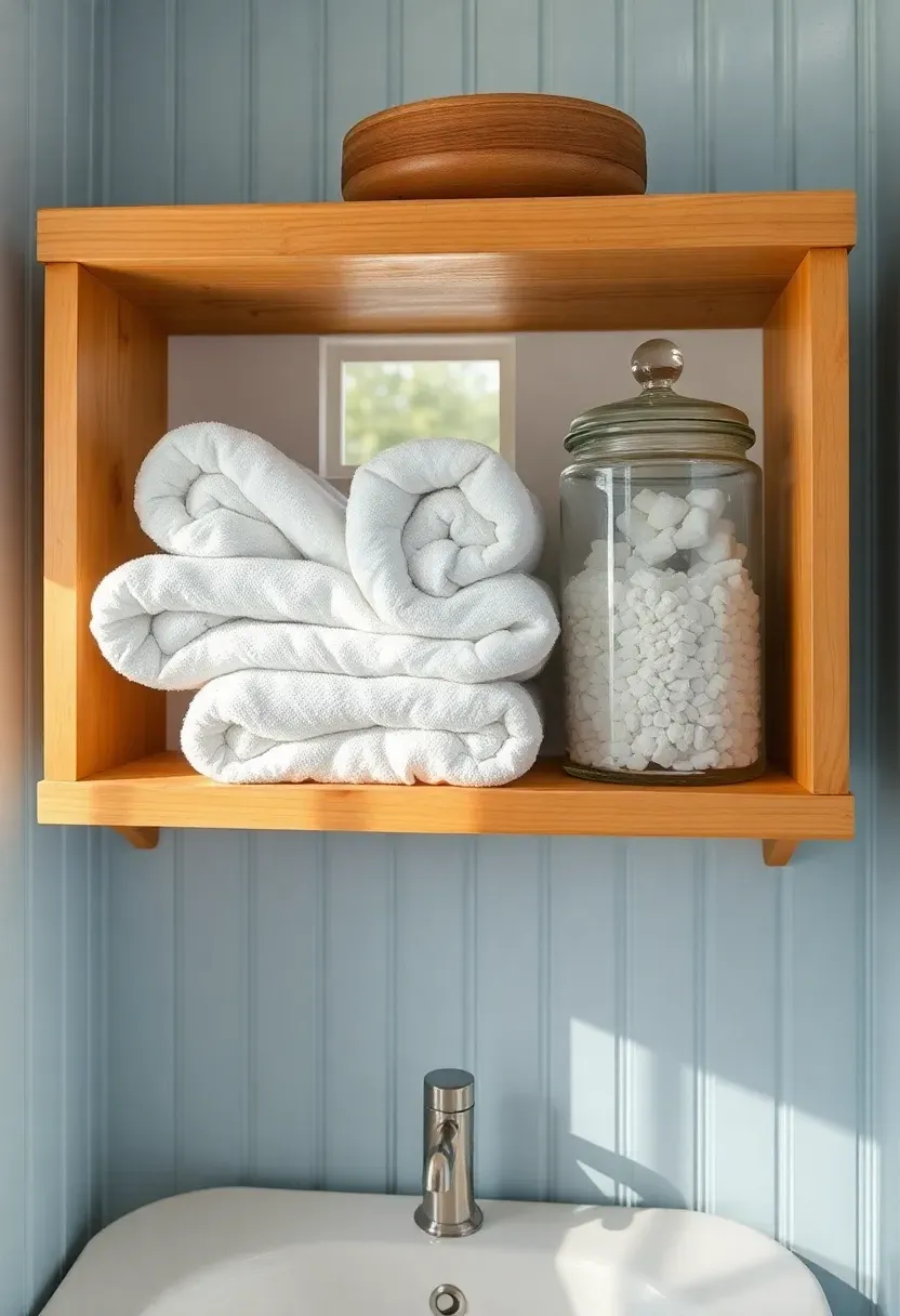 Coastal cottage bathroom with open wooden shelves holding rolled white towels and glass jars of bath salts, beadboard walls painted pale blue