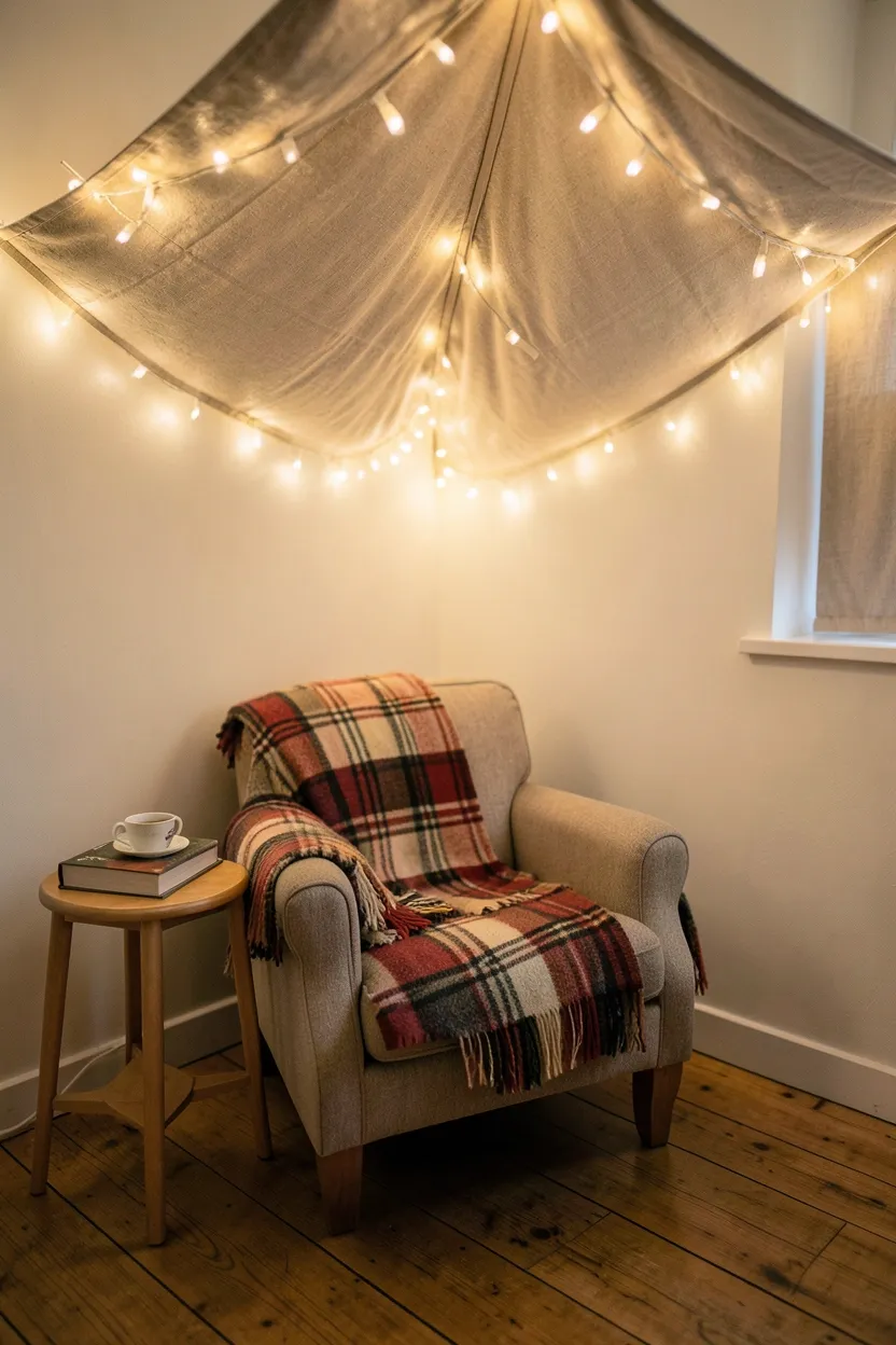Hyper-realistic eye-level photograph of a bedroom corner reading nook with a fabric canopy overhead. Warm white fairy lights draped across the canopy creating soft, glowing roof effect. Cozy armchair with plaid blanket, small side table with book and tea cup. Wooden floor. Warm room lighting. Materials: fabric canopy, warm LED lights, upholstered chair, natural wood. Cozy literary mood. Shallow depth of field, sharp details on light glow and fabric texture. No text, no logos, no watermarks.</p>