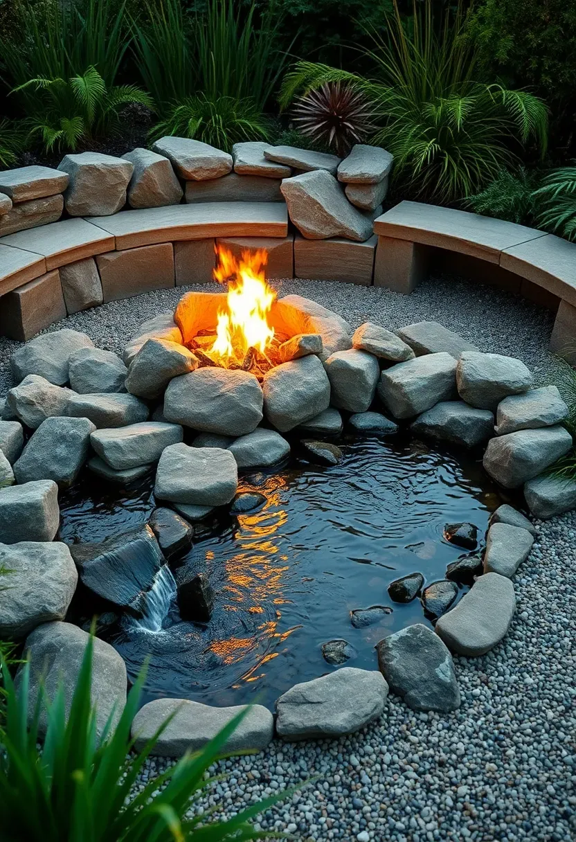 Hyper-realistic 3/4 view of a combined fire and water feature showing a circular river rock firepit with glowing fire positioned adjacent to a small recirculating stream or waterfall feature, with built-in stone bench seating positioned to enjoy both elements. Materials: smooth rounded river rocks in earth tones, visible water flow with gentle ripples, stone bench seating, lush plantings with ornamental grasses and ferns, pea gravel ground surface. Evening lighting with warm fire glow reflecting off water surface, creating magical fire-and-water contrast. Tranquil zen garden atmosphere, visible movement in both fire and water elements. Shallow depth of field emphasizing firepit and water interaction foreground with planting context beyond. No text, no logos, no watermarks.</p>