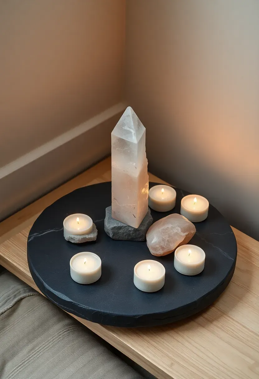 Round tray with crystals selenite tower and tea light candles for meditation corner