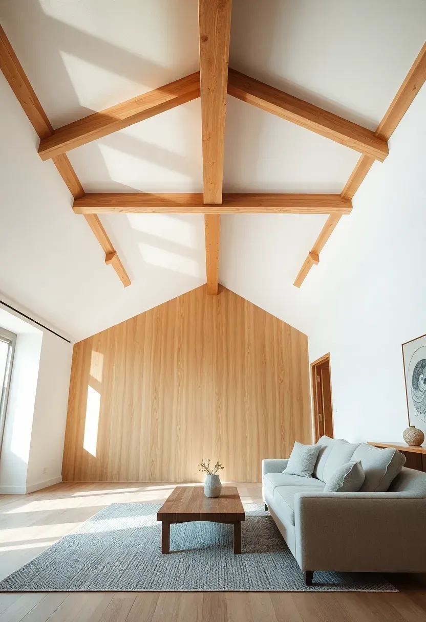 Hyper-realistic wide shot of a minimalist Japandi living room with exposed light oak wood beam ceiling, white plastered ceiling between beams, low sofa, wooden coffee table. Materials: warm white ceiling plaster, light oak beams, beige linen sofa, gray wool rug, ceramic vase. Soft natural daylight, shadows from beams creating rhythm on ceiling, warm and architectural atmosphere. Clean composition with negative space, sharp wood and plaster textures, no clutter, no text, no logos.</p>