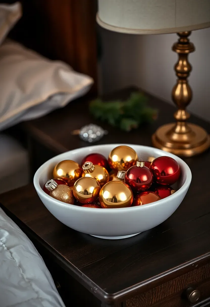 Hyper-realistic 3/4 view of bedroom nightstand with shallow white ceramic bowl filled with curated vintage Christmas ornaments. Ornaments in gold, mercury glass, and deep red—no bright colors. Bowl on dark wood nightstand beside bed with white linen bedding visible. Small brass lamp with warm light. Materials: vintage glass ornaments, ceramic bowl, brass lamp, linen bedding. Warm ambient lamp light, ornaments catching light subtly. Intimate festive display. Shallow depth of field, sharp details on ornament reflections. No text, no logos, no watermarks.</p>