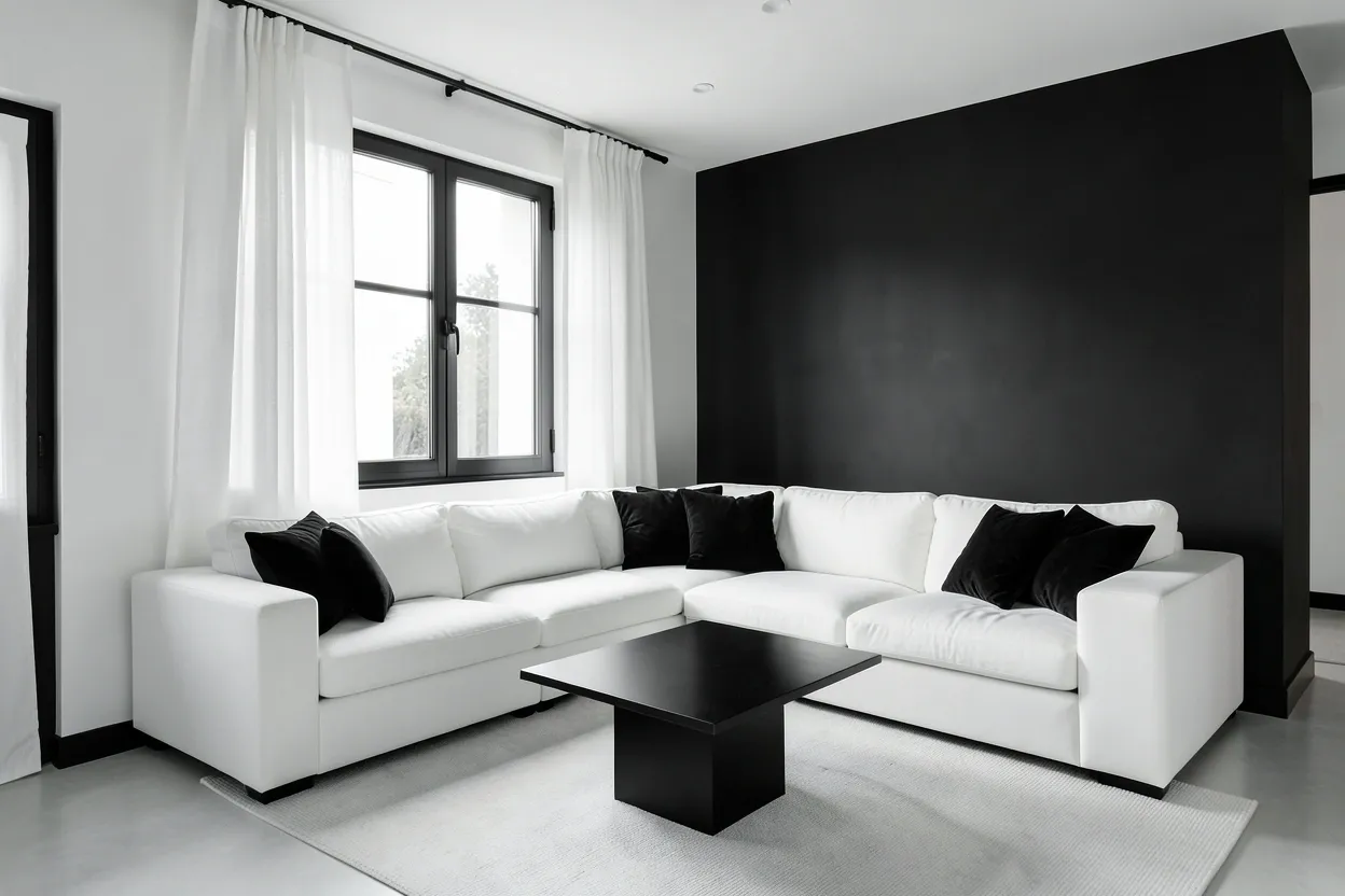 Bright minimalist living room with white walls, black accent chair, and monochrome throw pillows — timeless black and white apartment decor