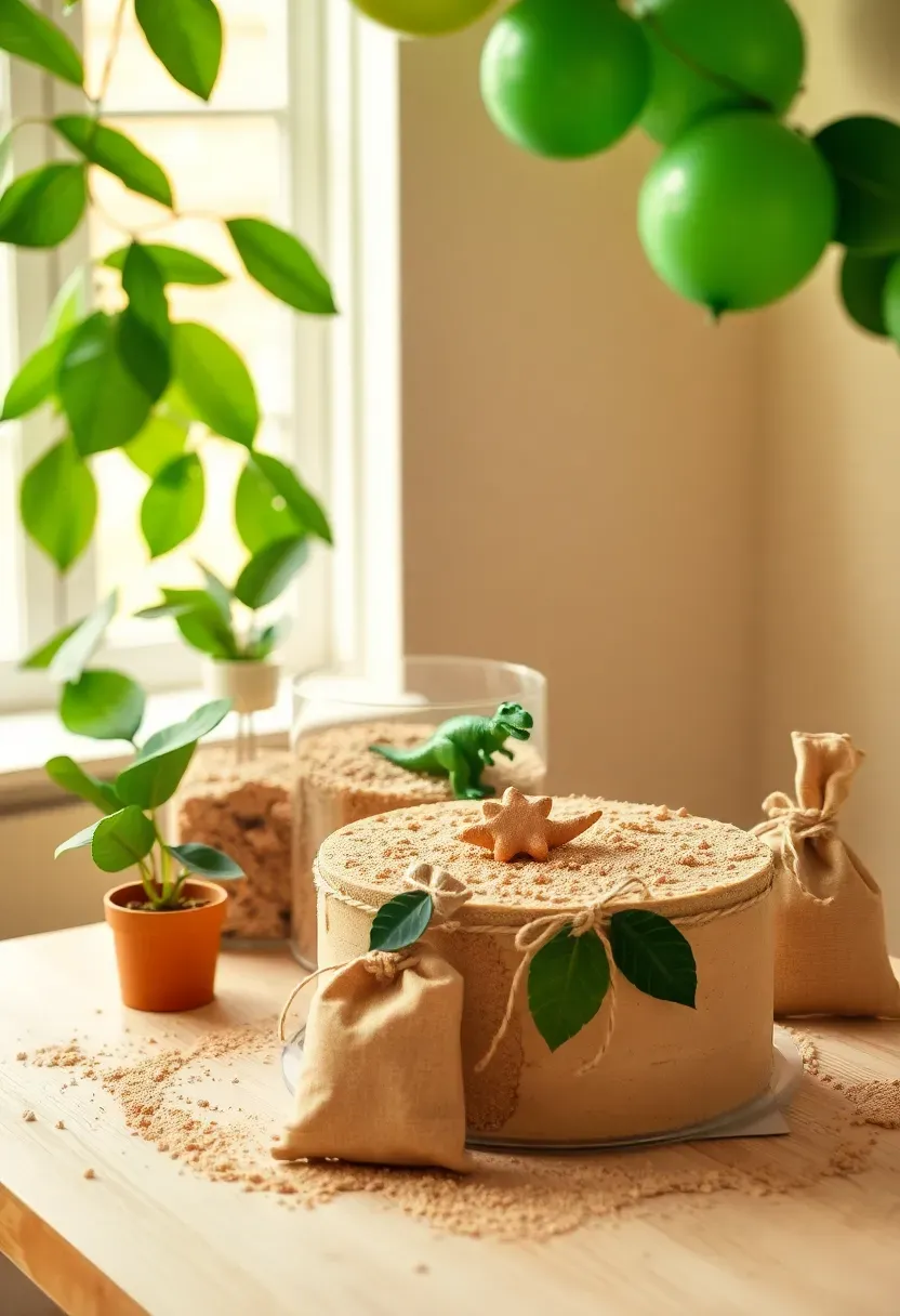 dinosaur dig baby shower party corner with jungle leaf balloon garland, sand terrarium with toy fossils, and T-Rex cake