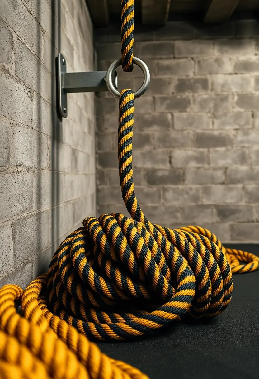 Heavy battle ropes anchored to a basement wall bracket, coiled on rubber mat flooring with concrete walls in the background