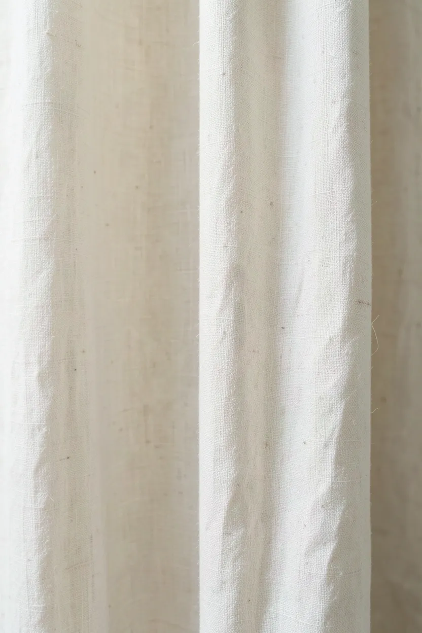 Unbleached ivory linen shower curtain with visible slubs and natural texture hanging in a minimal wabi-sabi bathroom