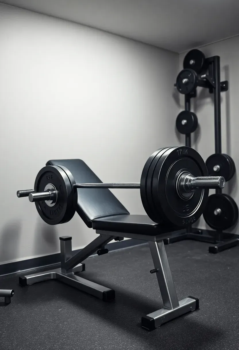 Adjustable weight bench set at an incline with a loaded barbell on a floor stand in a basement gym with grey rubber flooring