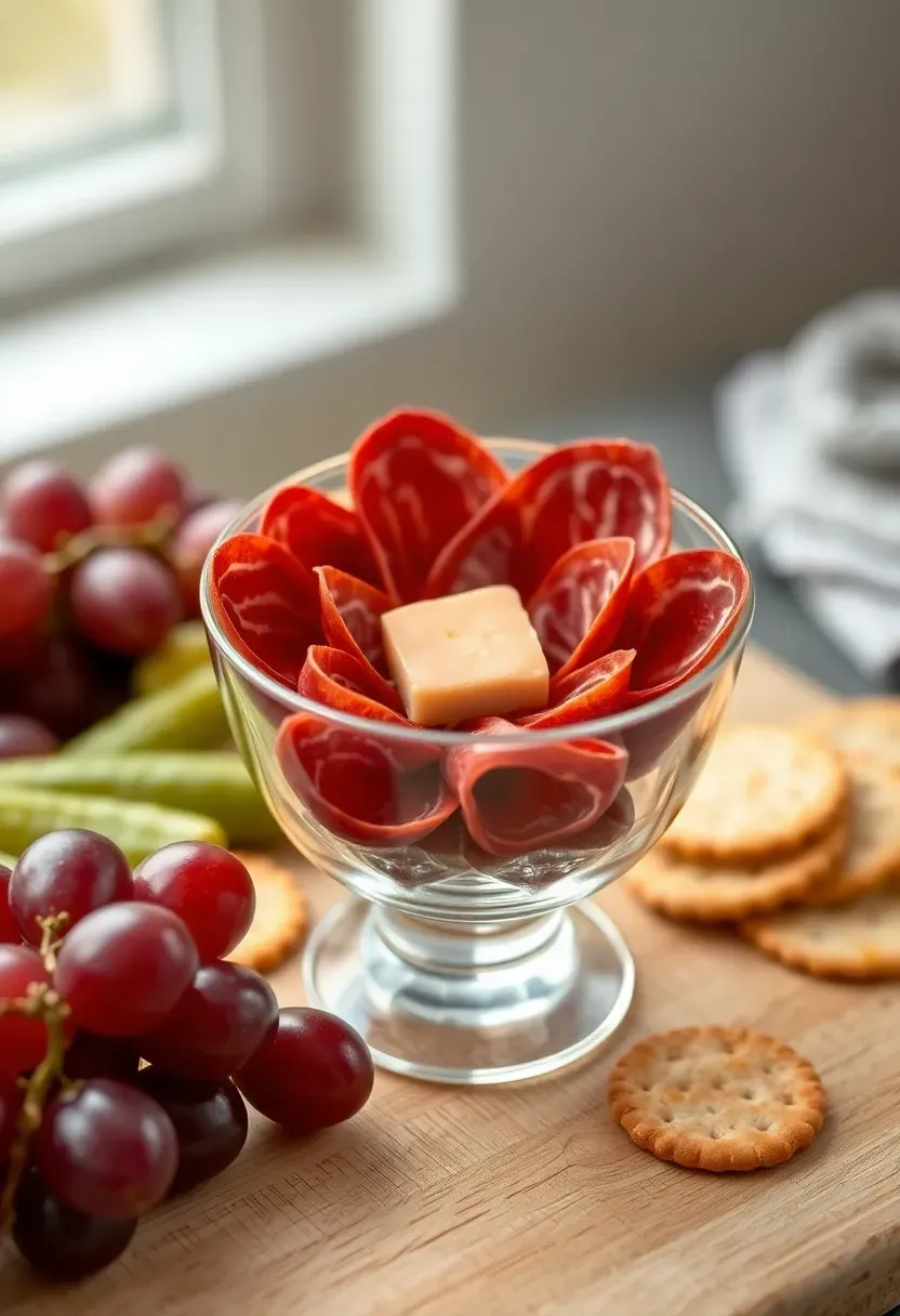 Salami flower charcuterie cup with folded salami petals and cheese center