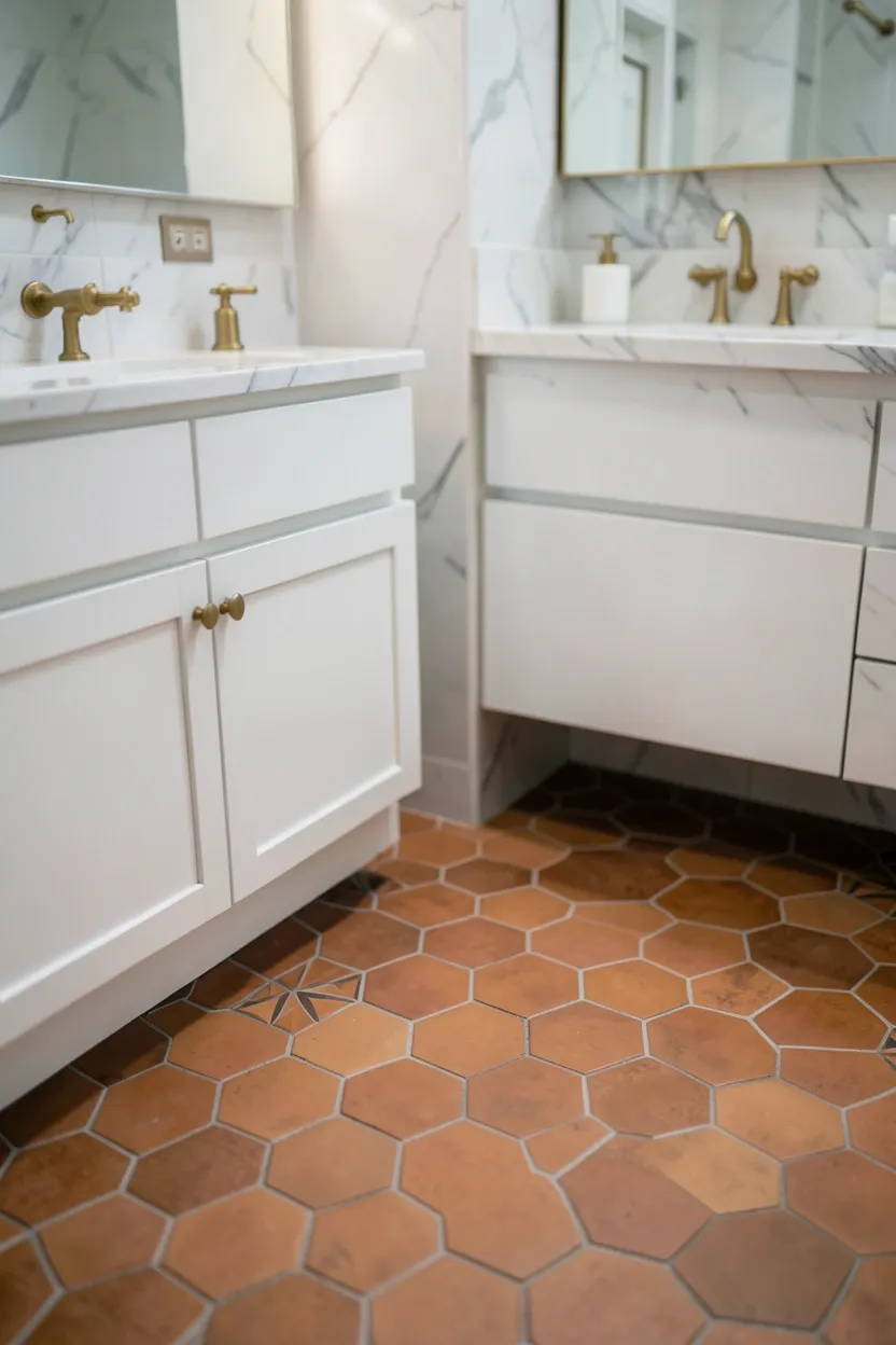 Terracotta floor tiles contrasting with deep navy blue cabinetry in a sophisticated master bathroom with gold hardware