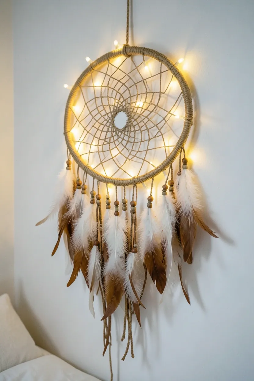 Hyper-realistic eye-level photograph of a large dreamcatcher hanging on a white bedroom wall. Warm white fairy lights woven through the web and feathers creating a glowing effect. Beads and leather strands visible, soft room lighting. Materials: natural twine, feathers, beads, warm LED lights. Spiritual magical mood. Shallow depth of field, sharp details on dreamcatcher texture and light glow. No text, no logos, no watermarks.</p>