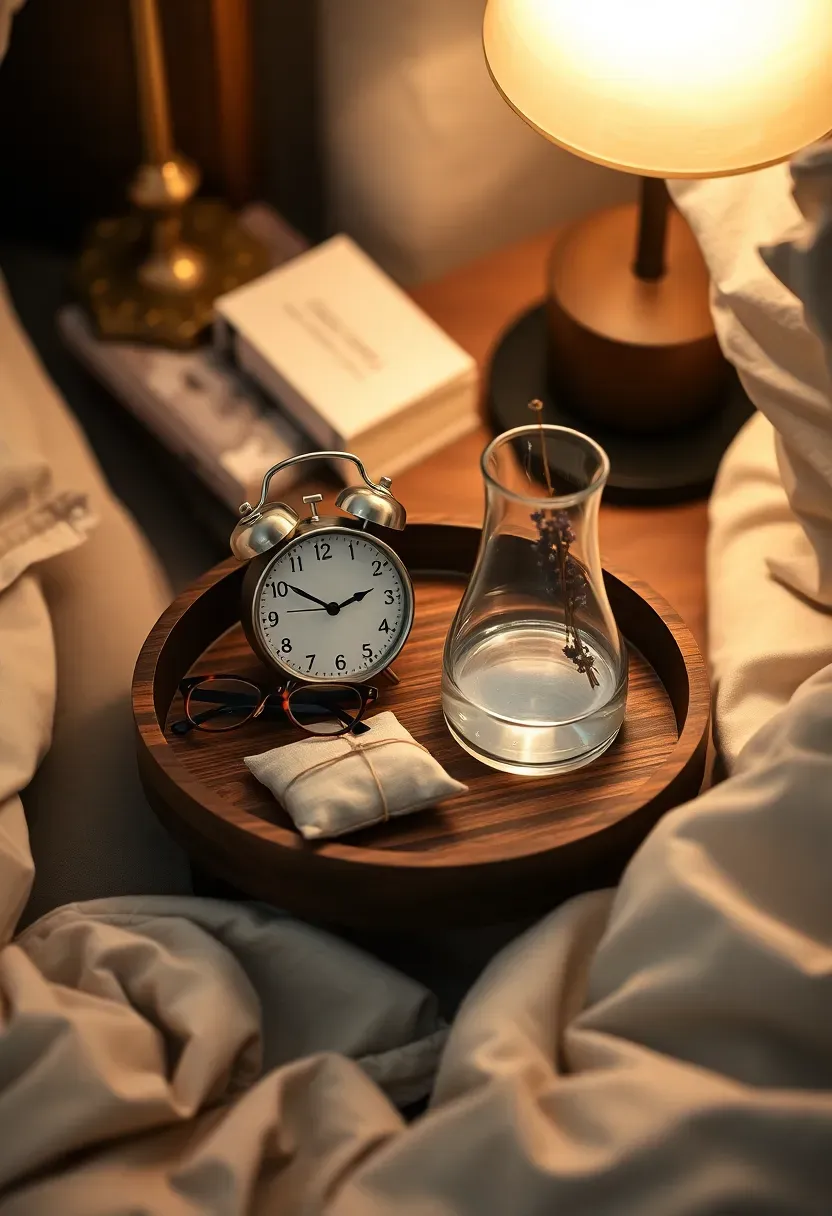 Small round wood tray on a rental bedroom nightstand with a ceramic water carafe, reading glasses, and a dried lavender sachet for a tidy bedside display