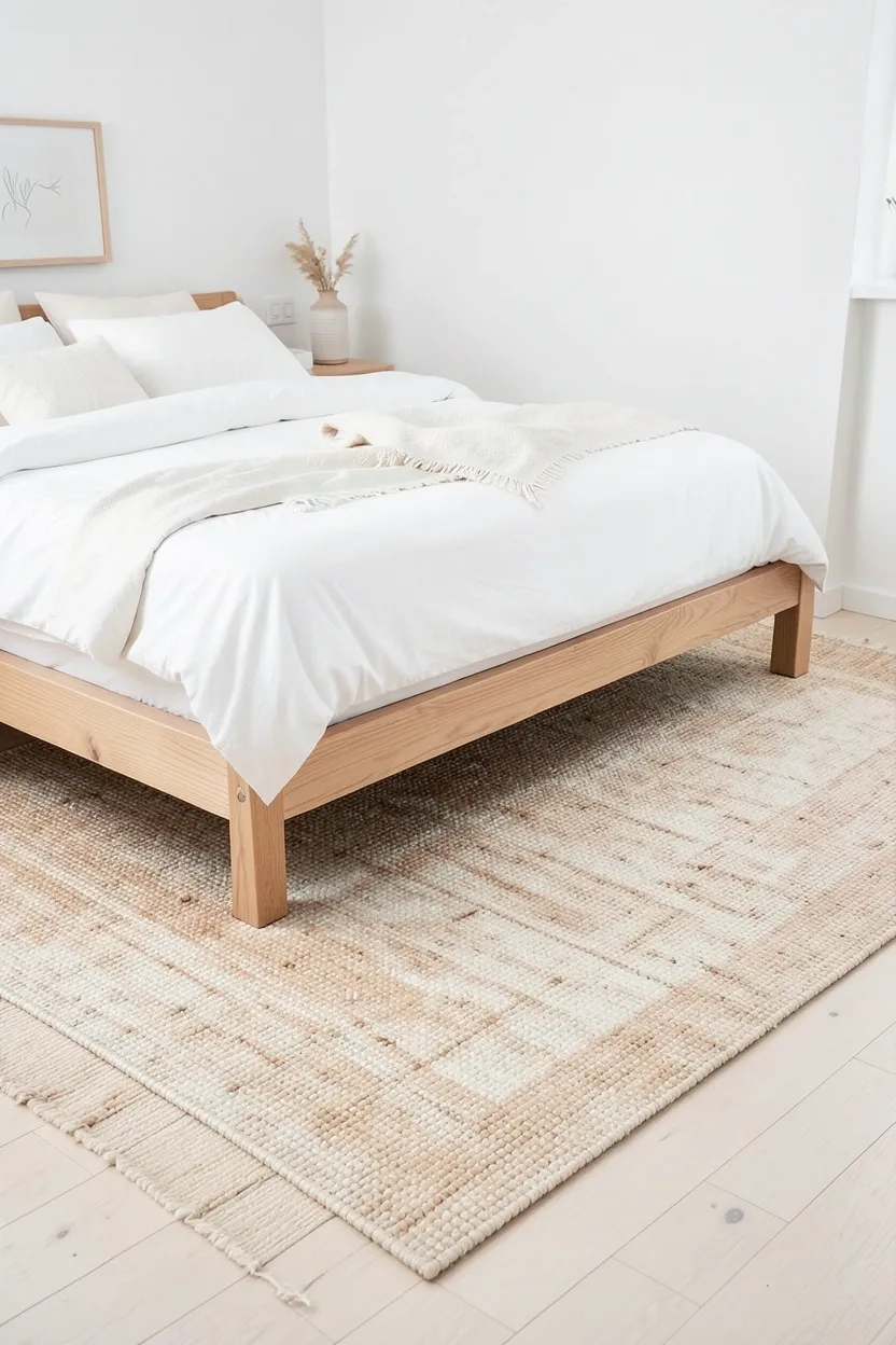 Large natural jute fiber area rug extending under a light wood platform bed in a Scandinavian rustic bedroom with neutral hardwood floors