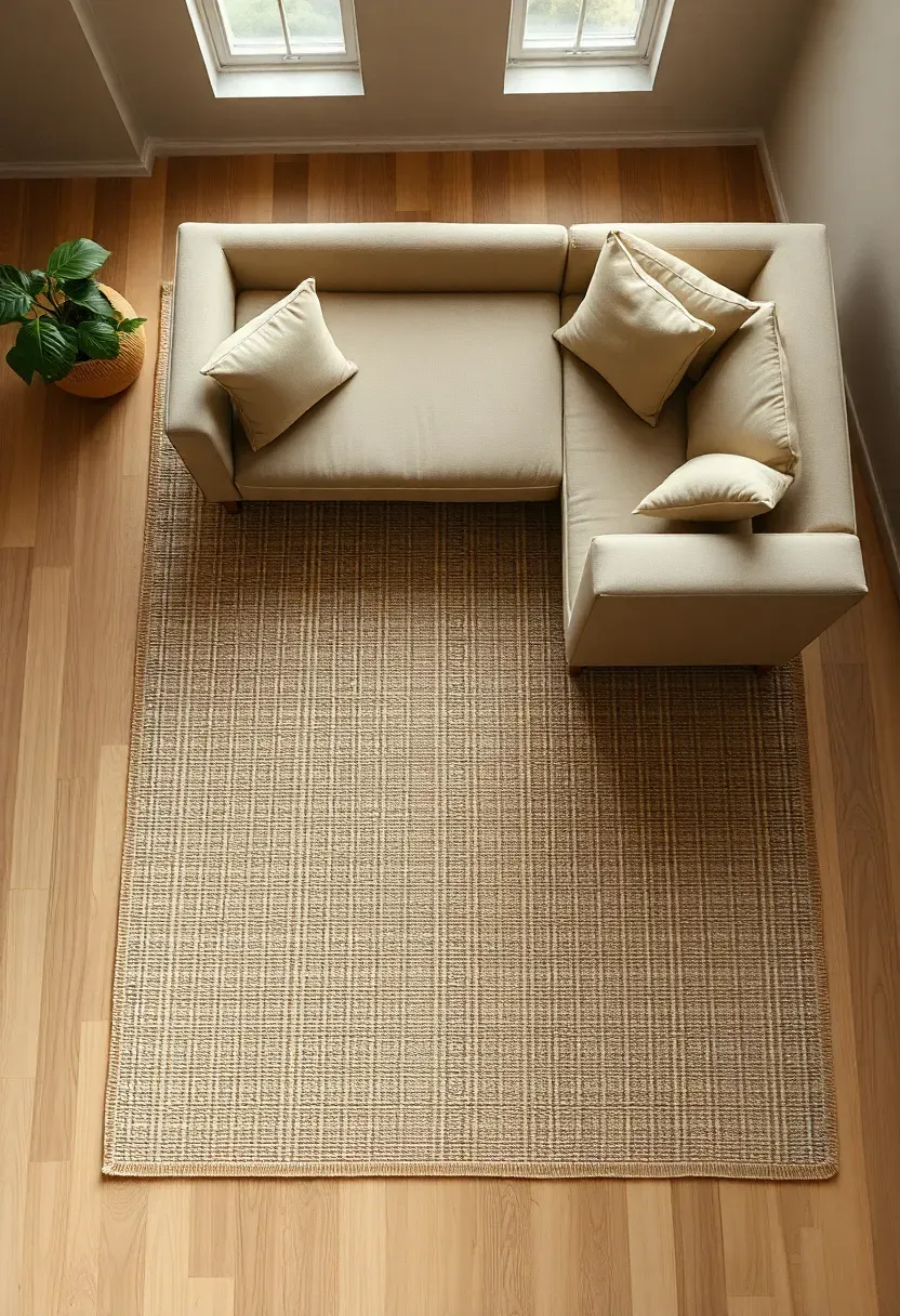 Hyper-realistic overhead view of an earthy modern living room featuring a large beige jute rug with visible natural fiber texture layered over smooth light oak hardwood flooring.