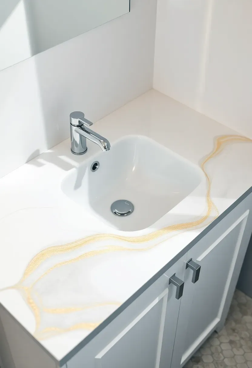 Glossy white epoxy resin bathroom countertop poured over plywood with embedded metallic swirls