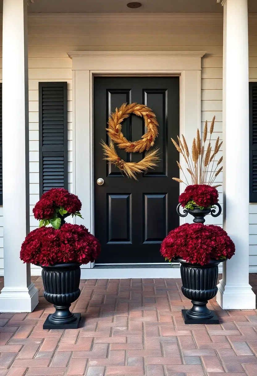 Hyper-realistic wide shot of a colonial front porch with elegant fall decor. Two matching classical urn-shaped planters in black contain burgundy mums arranged in formal rounded shapes. A matching wreath with dried wheat and berry clusters hangs on the dark wood front door. Flanking the door, two small black urns hold dried arrangements. White columns frame the entrance. Porch has white clapboard siding and black shutters. Brick pavers form the porch floor. Soft afternoon light with defined shadows. No text, no logos, no watermarks.</p>