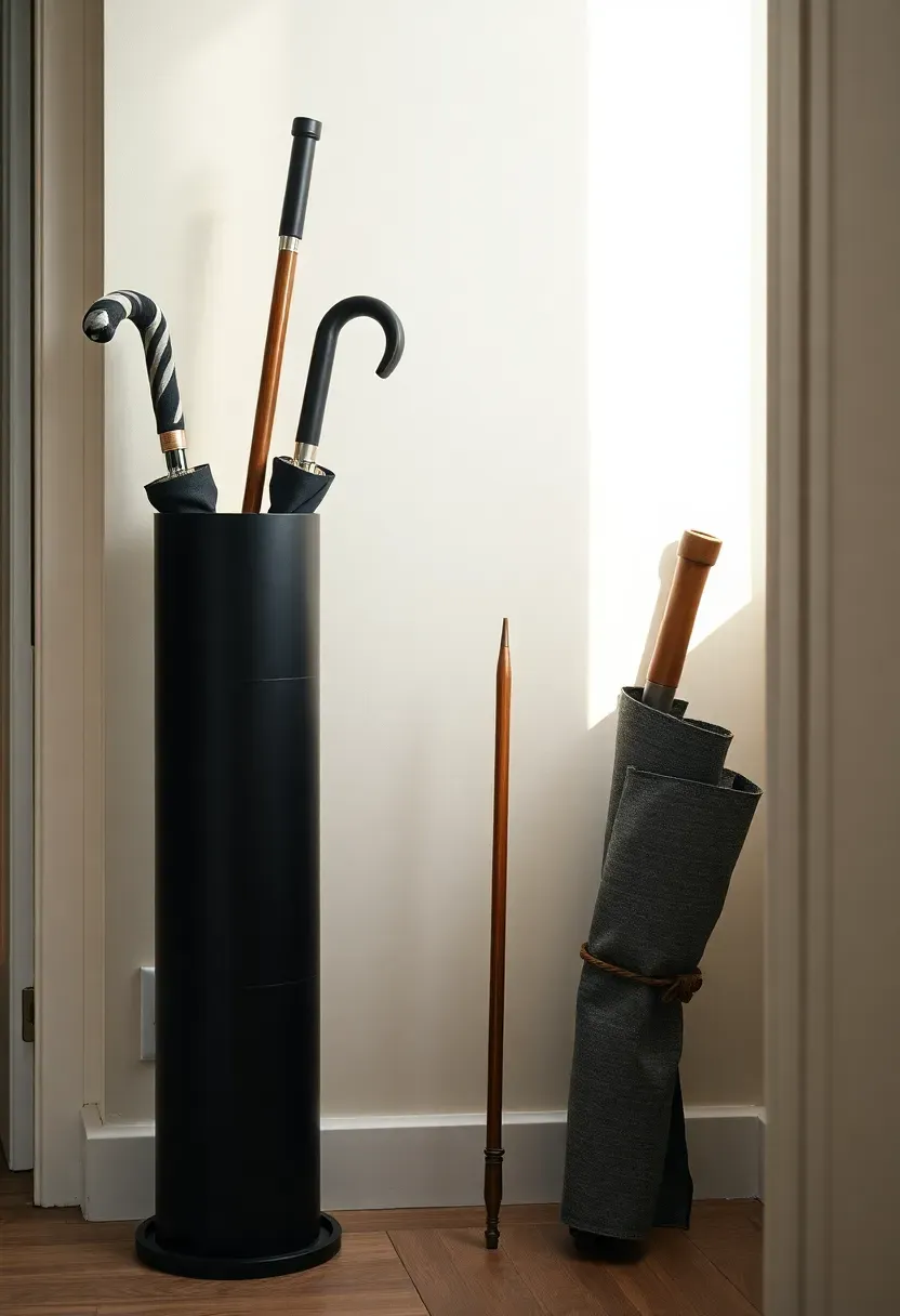 Matte black steel umbrella stand with two umbrellas and a wooden walking stick in apartment entryway