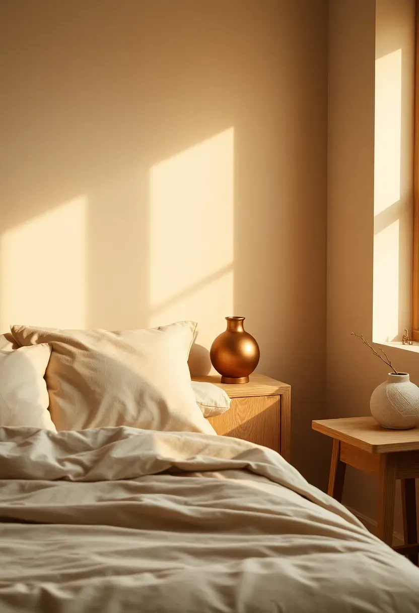 Copper ceramic lamp on warm beige walls