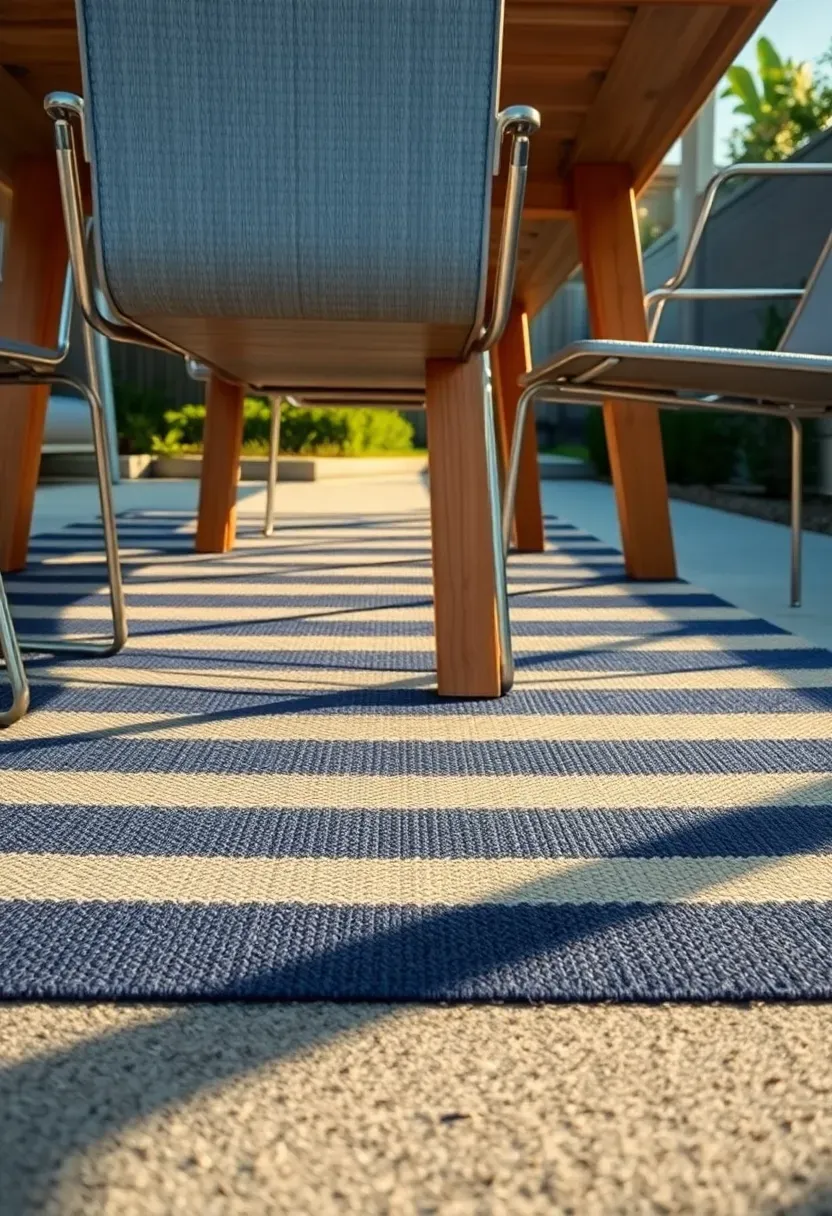 Flat-weave outdoor area rug in navy and cream stripes placed under a patio dining set on concrete