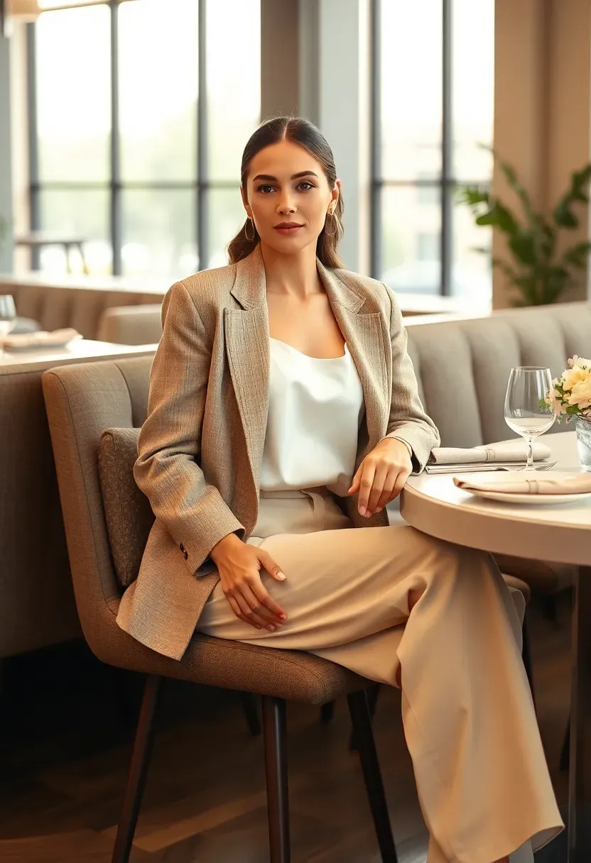 stylish linen blazer over a white top paired with wide-leg trousers at an upscale baby shower brunch