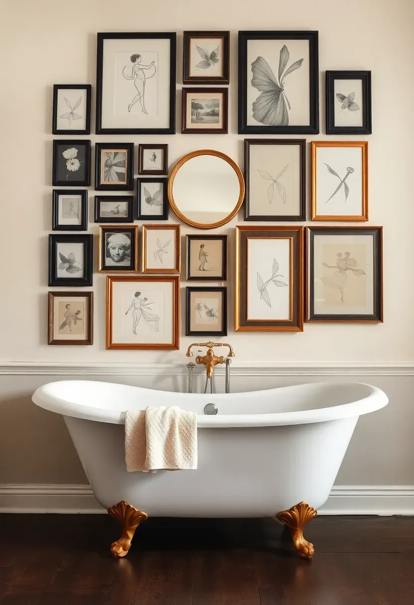 Eclectic salon style gallery wall above a clawfoot bathtub with mixed black gold and wood frames holding photographs sketches and small paintings