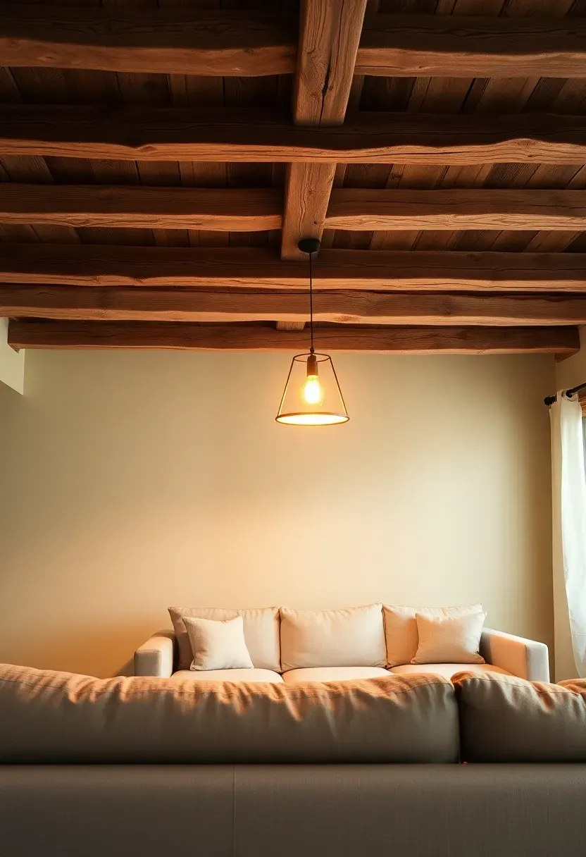 Warm wooden ceiling beams with soft pendant lighting creating cozy ambiance in a boho minimalist living space