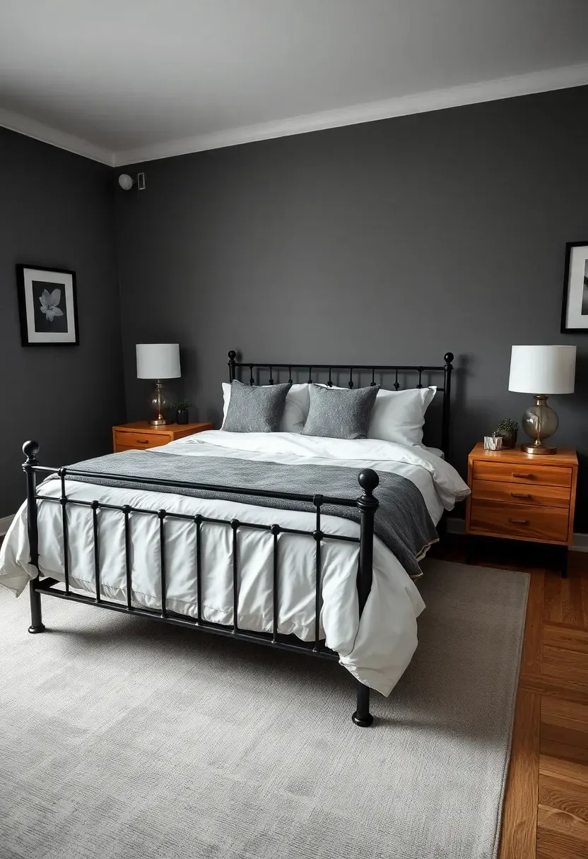 Hyper-realistic wide shot of a moody bedroom with slate gray walls, queen bed with white duvet and gray accent pillows, black metal bed frame, wood bedside tables with white table lamps. Visible room context with light gray area rug, black-framed art on walls. Materials: matte slate paint, white cotton, black metal, natural oak wood. Soft white lighting from lamps, gentle shadows on bedding. No text, no logos, no watermarks.</p>